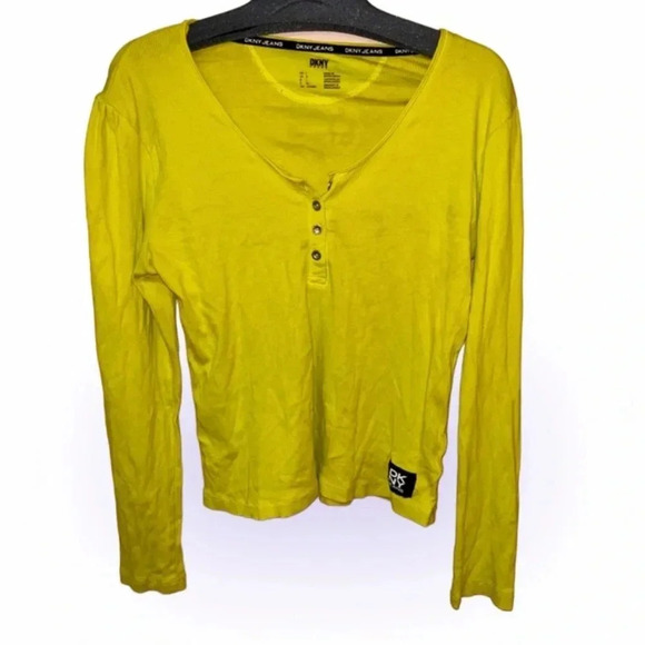 DKNY jeans Neon Lemon green long sleeve knit V-neck top Sz L - Picture 12 of 12